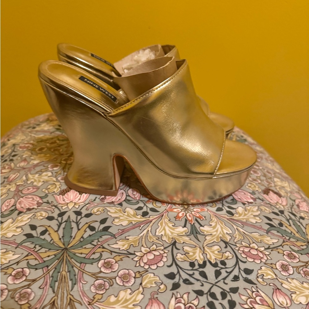 Nine West Shiny Gold Platform Mules